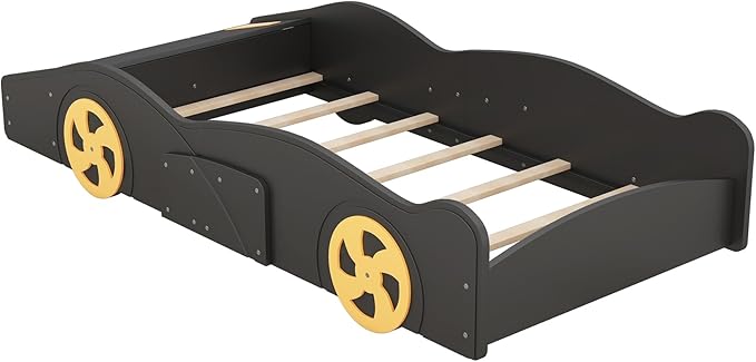 Harper & Bright Designs Twin Size Race Car-Shaped Platform Bed with Wheels and Storage, Black+Yellow