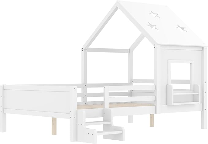 Bellemave Full House Bed with Rails or guardrails and Bookcase, Wooden Full House Shape Platform Bed for Boys, Girls, Teens, White