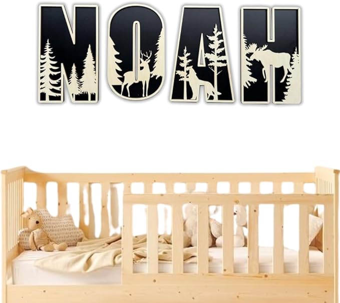 Personalized Wooden Name Sign - Custom Baby Name Signs for Nursery & Kids Room, Baby Announcement Sign, Wall Name Signs Personalized, Round Wooden Letters for Nursery Decor (Woodland 3D)