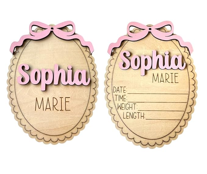 Personalized Baby Announcement Sign with Bow, Custom 3D Layered Scalloped Edge Name & Birth Stat Board for Newborn Photos (Bundle - Name + Stat Sign)