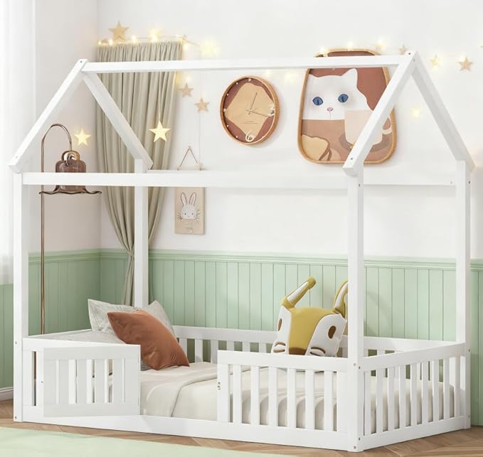 Bellemave Twin House Bed for Kids, Wooden Kids bedframe with Rails and roof, Montessori Floor beds, White with Door no slats