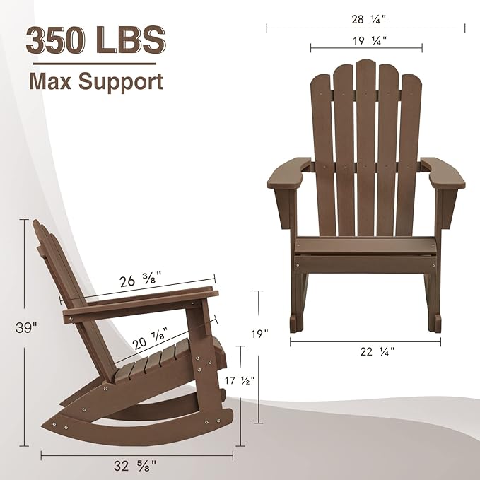 Psilvam Outdoor Adirondack Patio Rocking Chair, Poly Lumber Porch Rocker with High Back, Outdoor Rocking Chairs Set of 2 (Brown)