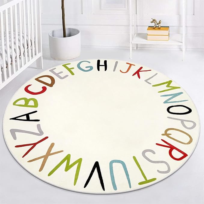 LIVEBOX ABC Round Kids Rug Colorful Play Mat for Playroom, Alphabet Learning Nursery Rug Circle Washable Rug for Children Bedroom, Non-Slip Educational Carpet for Teen (59",Multi Color)