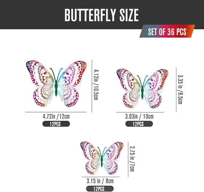 36PCS Butterfly Wall Decals - Butterflys Stickers Mural Wall Decor Home Decor Kids Room Bedroom Decor Living Room Decor, Removable Reusable Stickers(Rainbow)