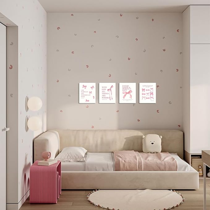 Coquette Pink Bow Y2K Bible Verse Wall Art Set of 4, Christian Scripture Inspirational Canvas Prints, Cute Girly Preppy Aesthetic Religious Wall Decor for Bedroom Nursery Living Room Home 8x10In Framed