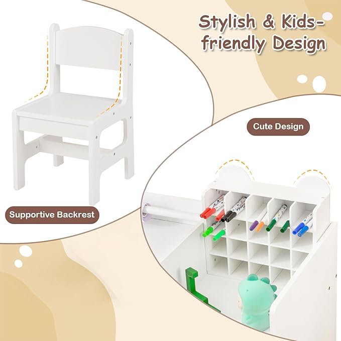 Costzon Kids Desk and Chair Set, Art Activity Desk Set with Detachable Paper Roll Holder, Cubby Cabinet, and Multiple Storage Space, 2-in-1 Toddler Table and Chair for Painting, Studying (White)