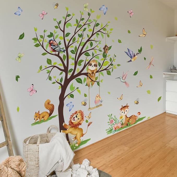 Woodland Animals Large Tree Wall Decals, Lion Sloth Deer with Birds Butterflies Wall Decals for Nursery Room Kids Bedroom Toddler Room Decor, 70.47x51.18 inches,