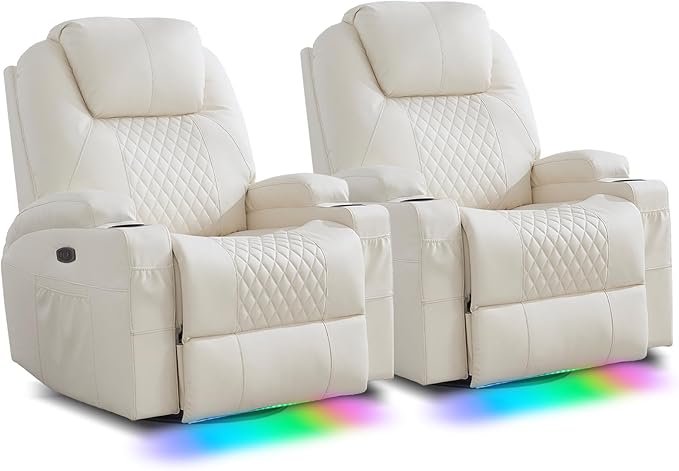 Power Swivel Rocker Recliner Chair with Massage and Heat/LED Lights/USB and Type-C Ports/Infinite Position/Cup Holder, Electric Glider Reclining Sofa for Nursery Living Room (2, Beige)