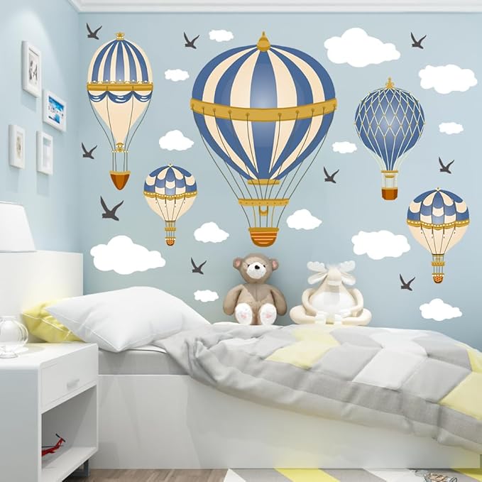 3D Hot Air Balloon Wall Decals Cute Clouds and Seagulls Wall Stickers Kindergarten Baby Room Art Wall Stickers Removable PVC Self-Adhesive Wallpaper Nursery Classroom Playroom Bedroom Wall Art Decor