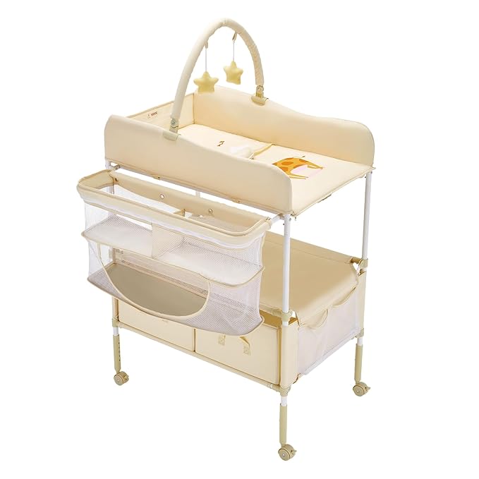 VEVOR Baby Changing Table, Adjustable Height Diaper Change Station with 2 Fabric Drawers, Side Basket and Hanging Rod, Foldable Changing Table with Lockable Wheels and 2 Star Toys, Light Beige