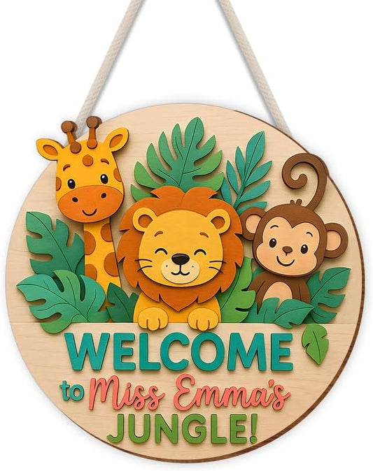 Custom Wooden Welcome Sign | Jungle Animal Door Hanger for Teacher Classroom, Nursery, Playroom | Personalized Wall Art Decorative Sign