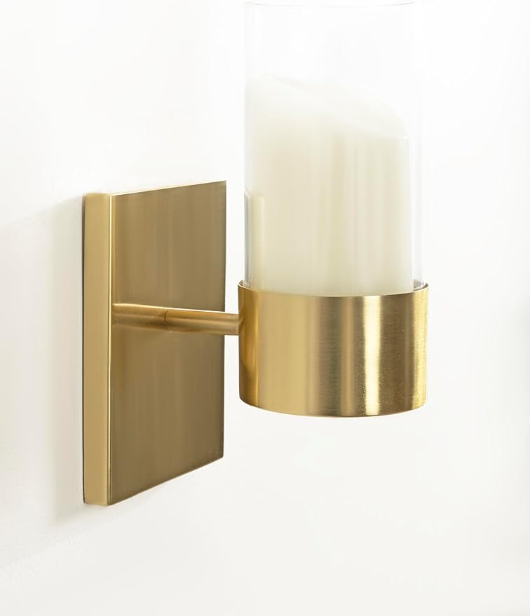 Kate and Laurel Zabler Modern Metal Wall Sconce, 5 x 6 x 10, Gold, Round Candle Holder with Removable Glass Cylinder for Flameless Candle Display in Bedroom or Bathroom