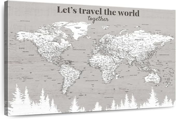 ElephantStock - Let's Travel II Push Pin World Map Wall Art - Horizontal Canvas Wall Art - Living Room Wall Decor - Digital Art Map Canvas Art - Gray And White Decor - 48" x 32"