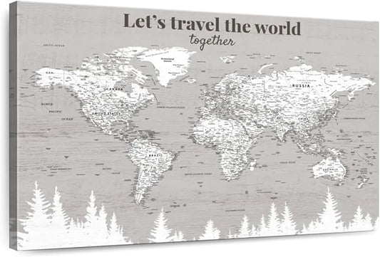 ElephantStock - Let's Travel II Push Pin World Map Wall Art - Horizontal Canvas Wall Art - Living Room Wall Decor - Digital Art Map Canvas Art - Gray And White Decor - 12" x 8"