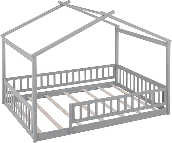 Merax Full Size Wooden House Bed with Fence, Wood Bed Frame with Roof and Safety Guardrail for Kids, Teens, Boys or Girls, Gray