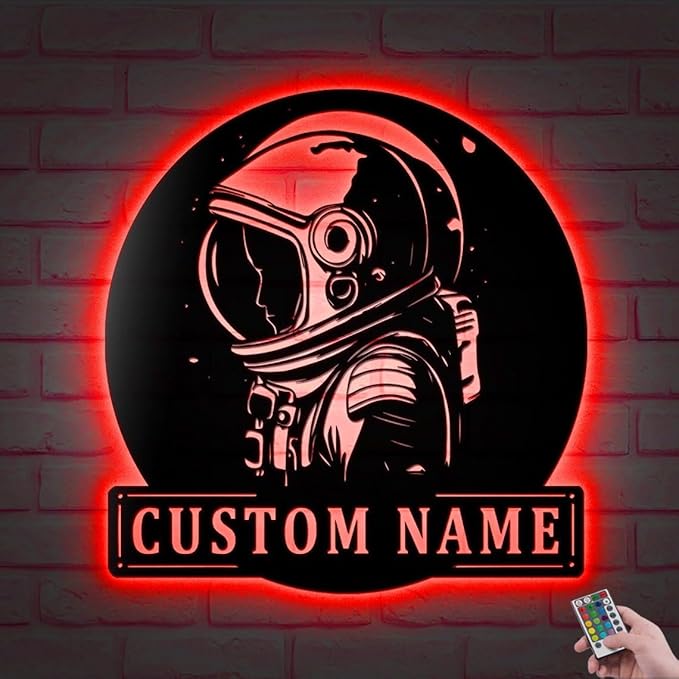 Custom Astronaut Metal Wall Art LED Light Personalized Cosmonaut Name Sign Home Decor Spaceship Rocket Nursery Decoration Housewarming Gifts
