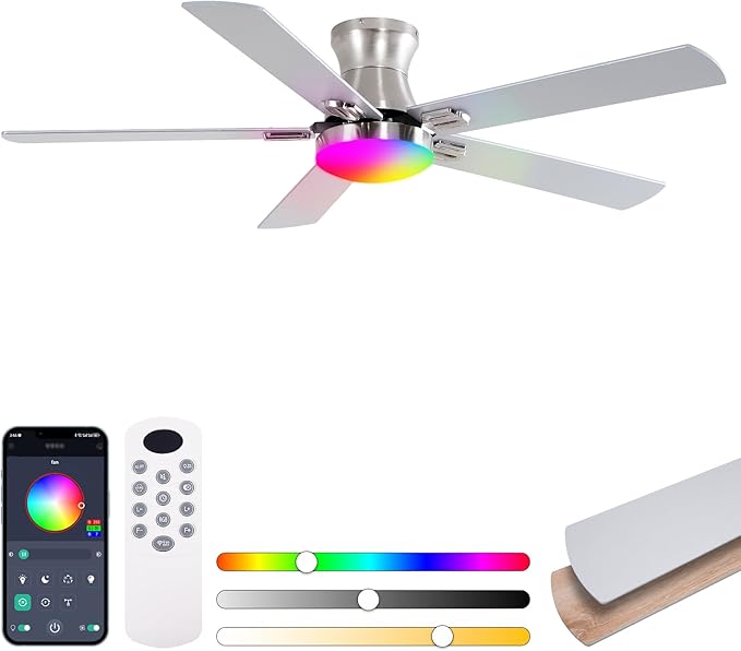 52 Inch Ceiling Fans with Lights, RGB Ceiling Fan with Remote and App,Flush Mount Low Profile, Dimmable 35W LED, Reversible, Smart Ceiling Fan for Bedroom Nursery Living Room Apartment,Nickle