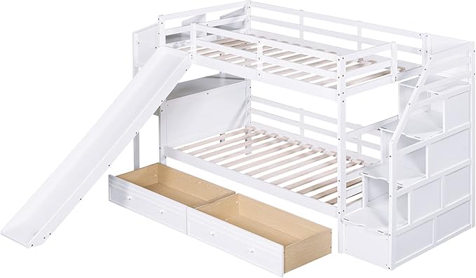 Modern Twin Over Twin Bunk Bed with Storage Staircase and Slide, Wooden Bunk Bed Frame with Desk and Drawers, Multifunctional Bunk Bed for Kids Teens Adult Bedroom