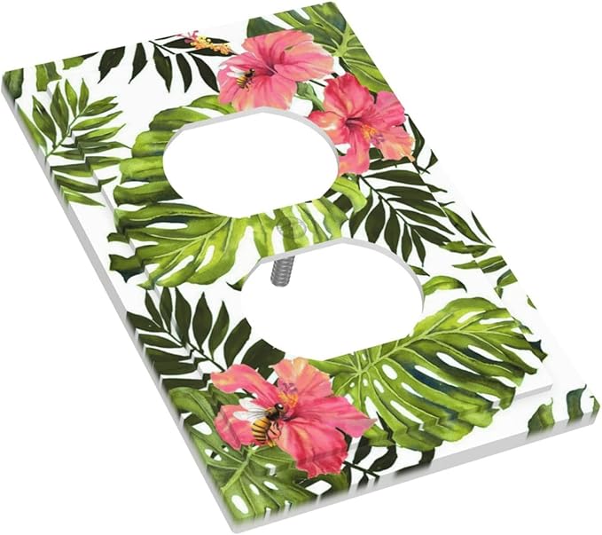 Tropical Plant Green Palm 1 Gang Duplex Outlet Covers Light Switch Cover Decorative Electrical Switchplate Banana Leaves Pink Flower Rainfores Jungle Botanical Faceplate for Bathroom Bedroom
