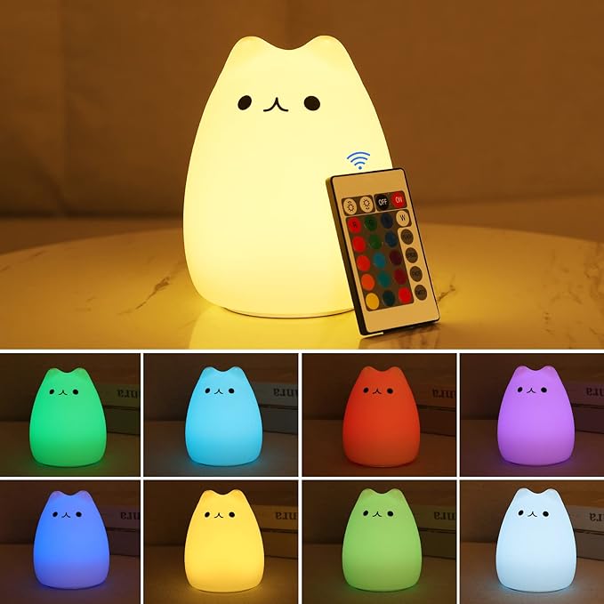 ZKLiLi Cute Remote Cat Nursery Night Lights USB Rechargeable Cat Lamp Nightlight Birthday Christmas Gift with Warm White and 7-Color Breathing Modes for Kids Baby Children (renqimao)