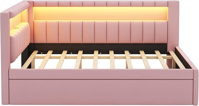 Full Size Daybed with Trundle and L-Shaped Bookshelf Headboard, Linen Upholstered Soft Corner Bed with Storage Shelves, Charging Station and LED Belt for Kids Boys Girls, Pink