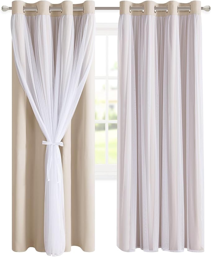 DWCN Beige Layered Curtains for Living Room Blackout and Sheer Curtains Grommet Top Window Treatment with Sheer Overlay for Bedroom, 52 W by 84 L, 2 Pieces
