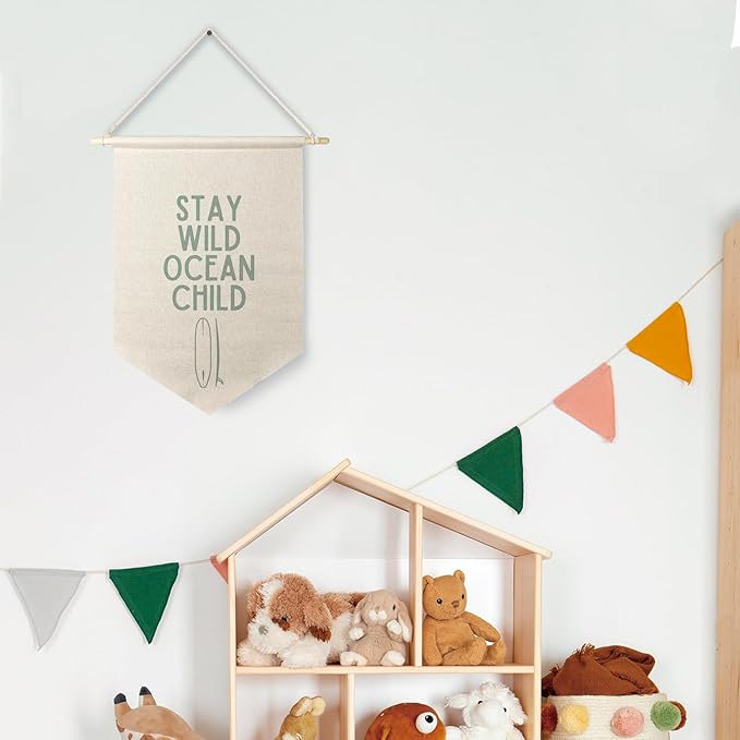 Qpenm Ocean Nursery Decor, Stay Wild Ocean Child Wall Hanging Canvas Banner, Coastal Nautical Surfing Hanging Pennant Flag Posters Prints for Kids Room Nursery Classroom Playroom Decor