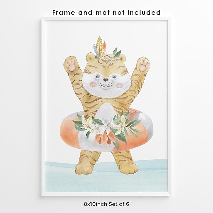 Safari Animal Nursery Decor Prints - Set of 6 Watercolor Sea - Gift Jungle Designs Baby Room 8X10 Unframed