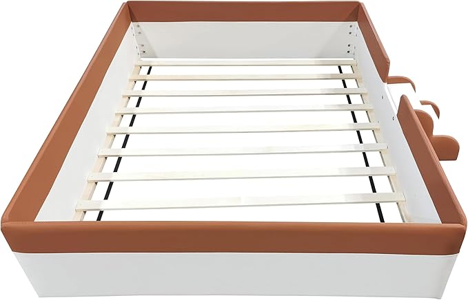 Full Size Upholstered Daybed Frame with Fence and Stairs, Montessori Kids Floor Bed with Sturdy Slat Support for Kids Boys Girls (Brown+Full)