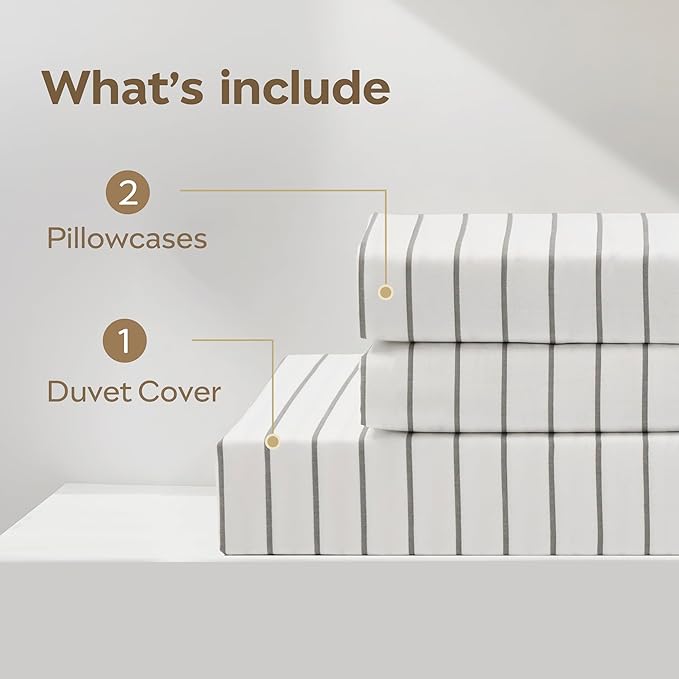 JELLYMONI Striped Duvet Cover Set - King Size 100% Cotton - 3PCS White & Grey Vertical Stripes Bedding - Hidden Zipper Closure & 8 Corner Ties - Breathable Comforter Cover for Bedroom