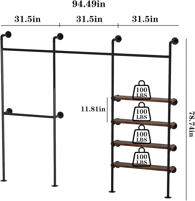 Industrial Pipe Clothing Rack,Wall Mounted Clothies Rack with Shelves, Heavy Duty Closet Organizers Wardrobe Multi-Purpose Storage Clothes Hanging Shelf-94.5''L Black
