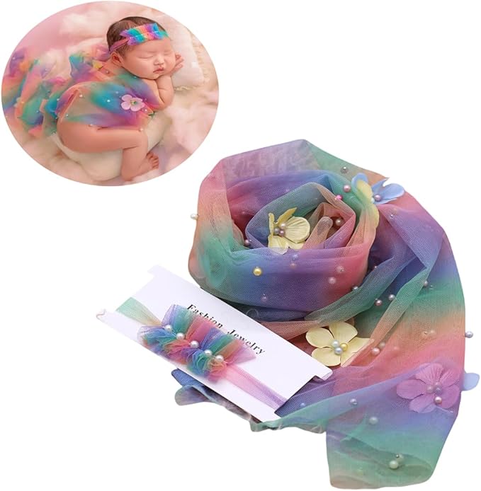 Newborn Baby Photography Props Blanket, Baby Photo Props Pearl Wrap Blanket Headband for Baby Boys Girls Photoshoot (Rainbow)