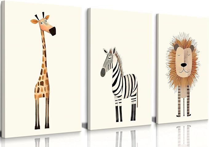 Safari Nursery Wall Art Baby Animal Canvas Wall Decor Cute Giraffe Lion Zebra Jungle Pictures Prints Posters for Baby Boy Girl Children's Room Bedroom Home Decorations 16x24inx3 Framed