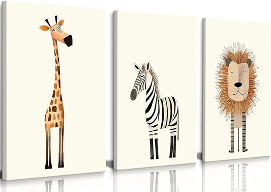 Safari Nursery Wall Art Baby Animal Canvas Wall Decor Cute Giraffe Lion Zebra Jungle Pictures Prints Posters for Baby Boy Girl Children's Room Bedroom Home Decorations 16x24inx3 Framed