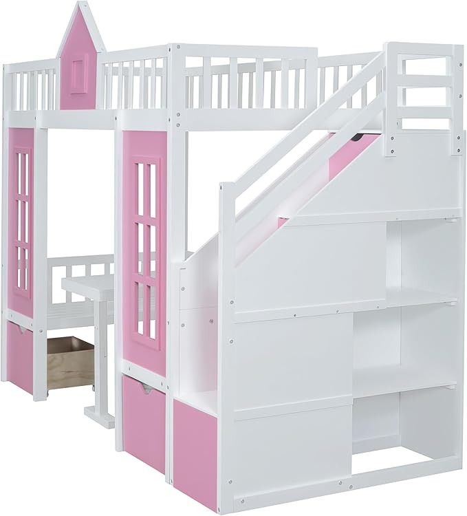 Playhouse Twin Size Loft Bed with Storage Staircase, Solid Wood Bunk Bed Frame with Guardrail for Kids Teens Boys Girls, Down Bed Convertible to Seats and Table Set (Pink-C)