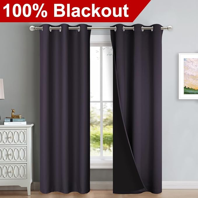 NICETOWN Blackout Curtains 84 inches Long, 2 Pieces, 42" Wide Each Panel, Greyish Purple, Full Light Blocking Drapes with Black Liner for Nursery, Thermal Insulated Draperies for Hall, Villa