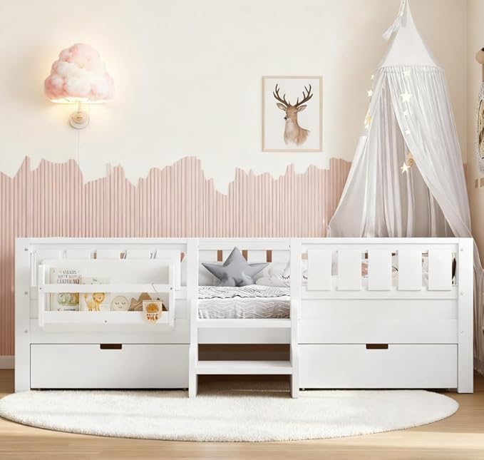 Bellemave Full Size Kids Bed with high Rails and with Built-in Bookshelf and Drawers for Kids, Girls, Boys, Wood Montessori Bed Without Door, White