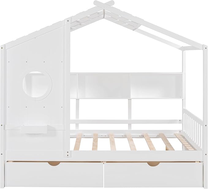 Full Size House Bed with 2 Drawers and Storage Shelf, Playhouse Design Solid Wood Kids Platform Bed Frame for Girls Boys, Decorable Daybed with Sturdy Slats Support, Space-Saving (AF-White)