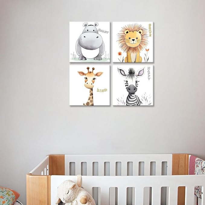 Nursery Wall Decor Motivational Quotes Canvas Print Wall Art for Kids Bedroom Safari Animal Jungle Boy's Girl's Art Frame Cute Baby Room Decor Artwork Set of 4