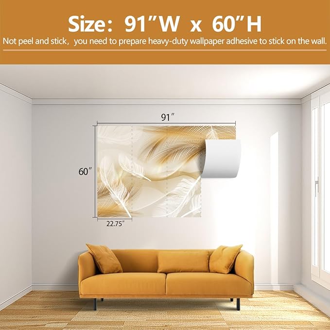 Gold and White Feather Wallpaper for Living Room Bedroom（Not Peel and Stick）