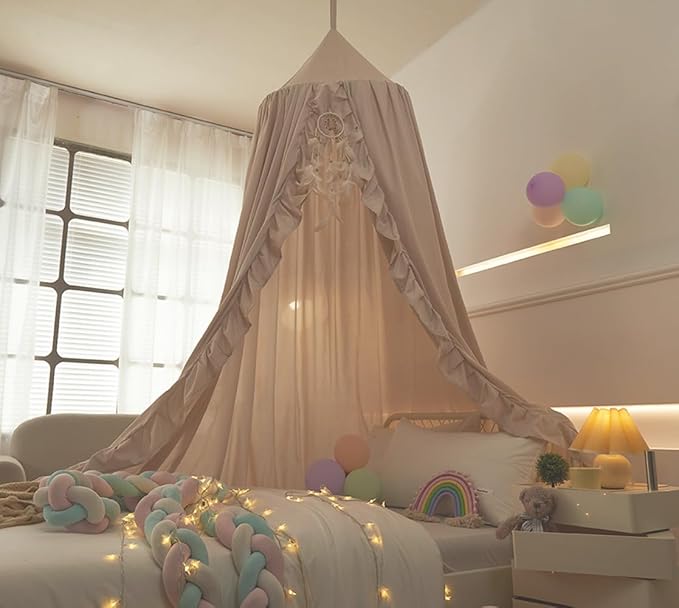 Mengersi Bed Canopy for Girls,Ruffled Canopy Bed Curtains Kids Canopy for Girls Room,Hanging Canopy Princess Play Tent for Reading Nook Play Room Decor (Ivory)
