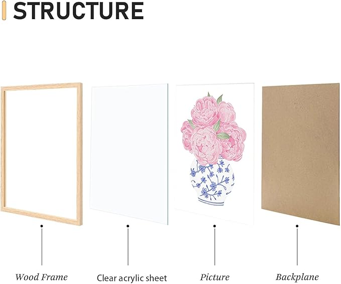 CHMMART 3 Piece Pink Floral Framed Wall Art Blue and White Chinoiserie Flower Canvas Art Prints Peony Pictures Wall Decor Painting Artwork for Living Room Bedroom Bathroom 12x16in