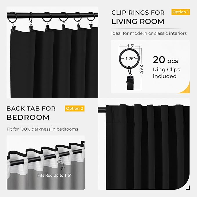 INOVADAY 100% Blackout Curtains for Bedroom, Black Out Curtains 96 Inch Long, Clip Rings Linen Blackout Drapes, Thermal Insulated Room Darkening for Living Room, 2 Panels - Black,W50xL96