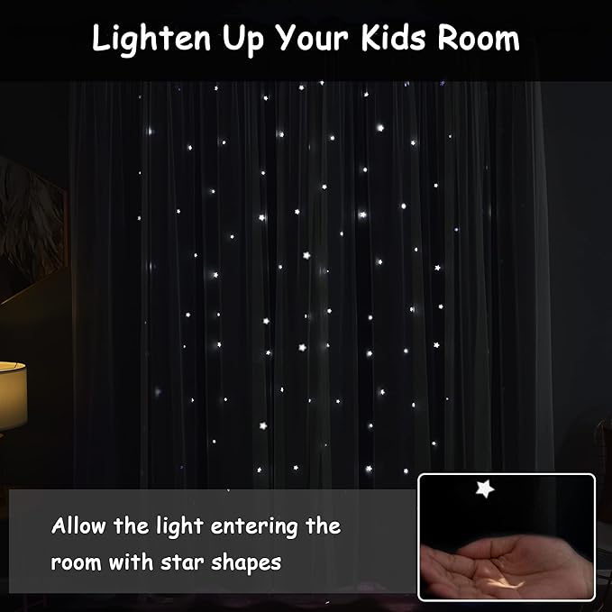 Kinryb Kids Blackout Curtains for Bedroom/Living Room/Classroom, Sheer Overlay 2 Free Tiebacks, Double Layer Curtains with Star Cutout for Kids Room(Each Piece W70xL72 Inches 2 Pcs Stone Blue)