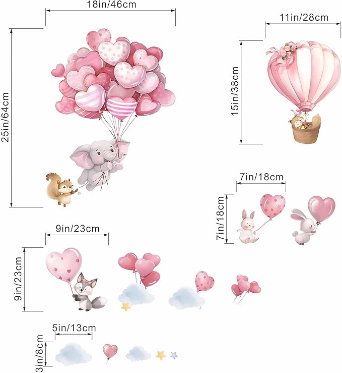 Animals Balloon Wall Stickers for Nursery: Baby Girls Kids Boys Bedroom Wall Decals - Pink Hot Air Balloon Elephant Fox