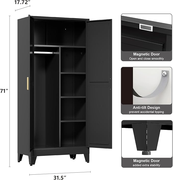 71'' Farmhouse Metal Wardrobe Cabinet with Hanging Rod, 2 Barn Door Wardrobe Closet with 5 Adjustable Shelves,Drawer,for Dining Room,Bedroom,Living Room, Cloak Room,Office (Black)