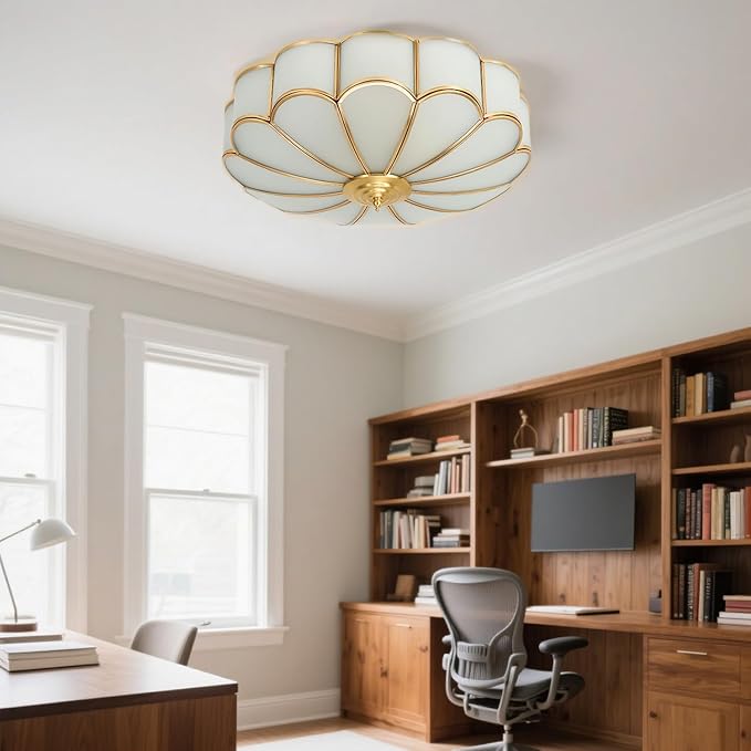 Mid Century Brass Flush Mount 4-Light LED Ceiling Lamp, Frosted Glass Shade Modern Light, Close to Ceiling Decorative for Bedroom Living Room (17.71" W)