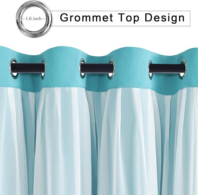 Hiasan Blackout Curtains with Sheer Overlay, Thermal Insulated Sun Blocking Grommet Window Curtains for Bedroom, Living Room, Kids' Room, 2 Drape Panels with Tiebacks, Turquoise, 52W X 96L