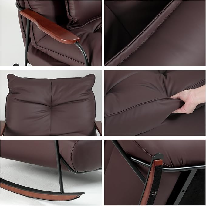 zyz Rocking Chair with Ottoman and Pillow, Mid-Century Modern Recliner, Reclining Nursery Rocker, Wood Armchair, 25° Rocking Motion, Lazy Sofa for Living Room Bedroom Balcony, PU Leather (Dark Brown)