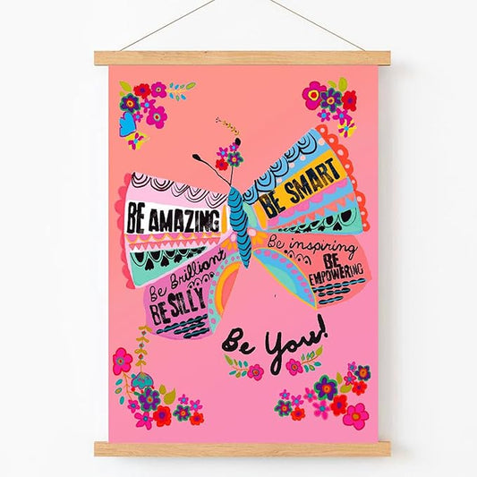 Qswo Inspirational Quotes Wall Decor for Women,Be Amazing Be You Pink Wall Art Poster Hanger Frame,Motivational Hanging Canvas Wall Decor for Girls Room Dorm Nursery